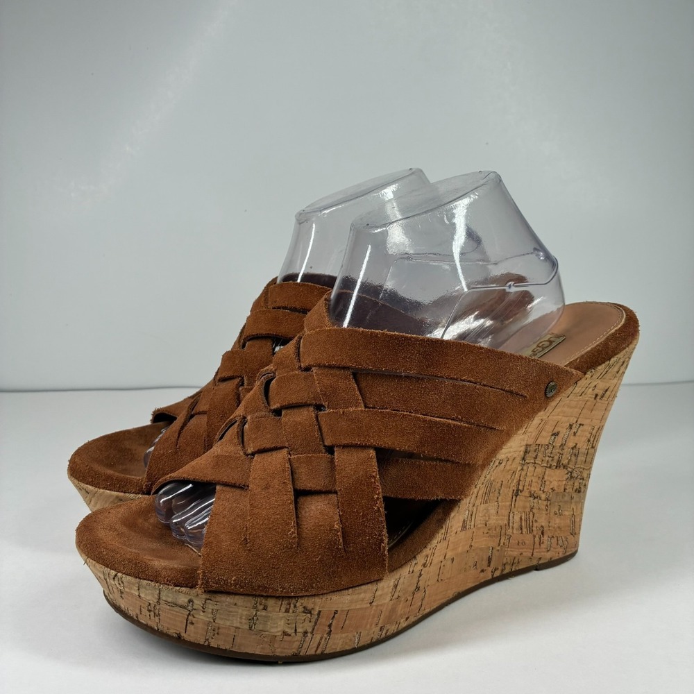 UGG Marta Women's US 12 Chestnut Suede Cork Platform Slip-On High Wedge Sandals